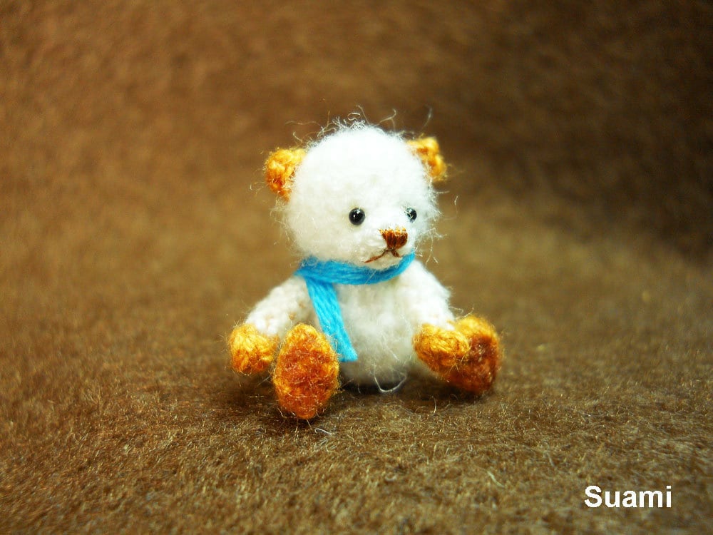 Cute Teddy Mohair Bear - Tiny Crocheted Bears 0.8 Inch Scale Blue Scarf - Made To Order