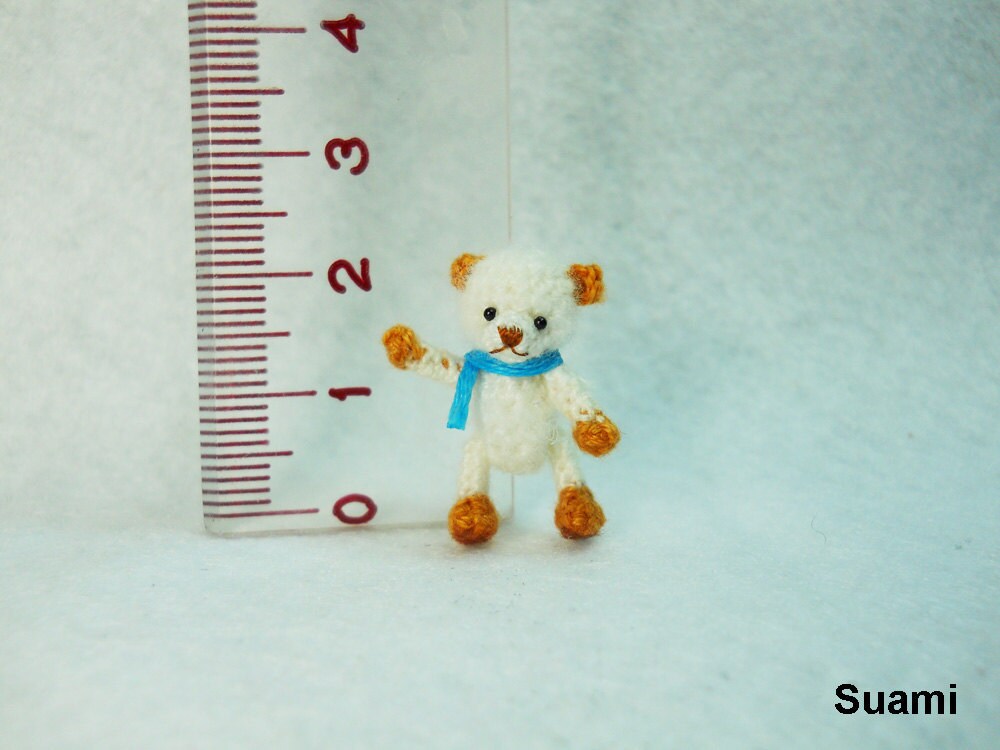 Cute Teddy Mohair Bear - Tiny Crocheted Bears 0.8 Inch Scale Blue Scarf - Made To Order