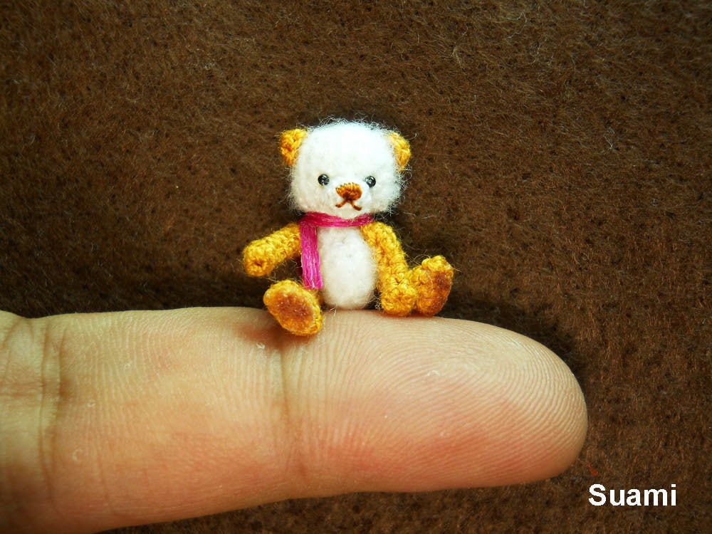 Cute Mohair Teddy Bear - Micro Crocheted Teddy 0.8 Inch Pink Scarf - Made To Order