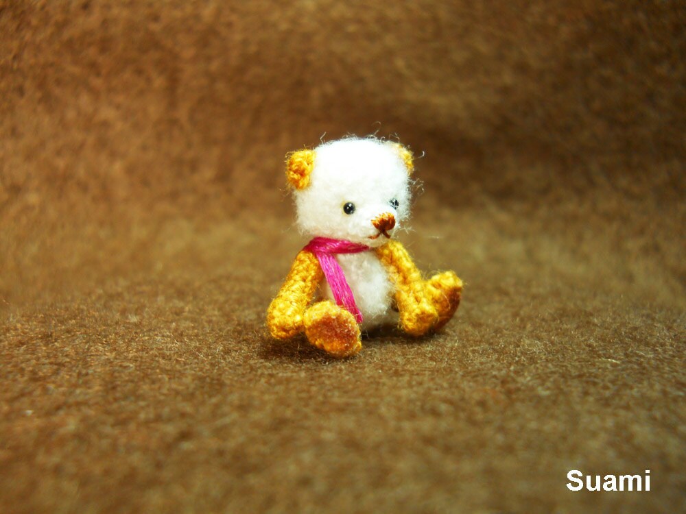 Cute Mohair Teddy Bear - Micro Crocheted Teddy 0.8 Inch Pink Scarf - Made To Order