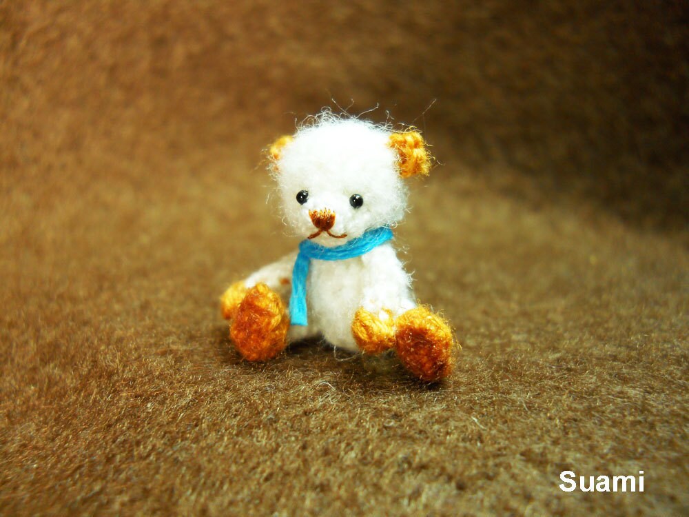 Cute Teddy Mohair Bear - Tiny Crocheted Bears 0.8 Inch Scale Blue Scarf - Made To Order