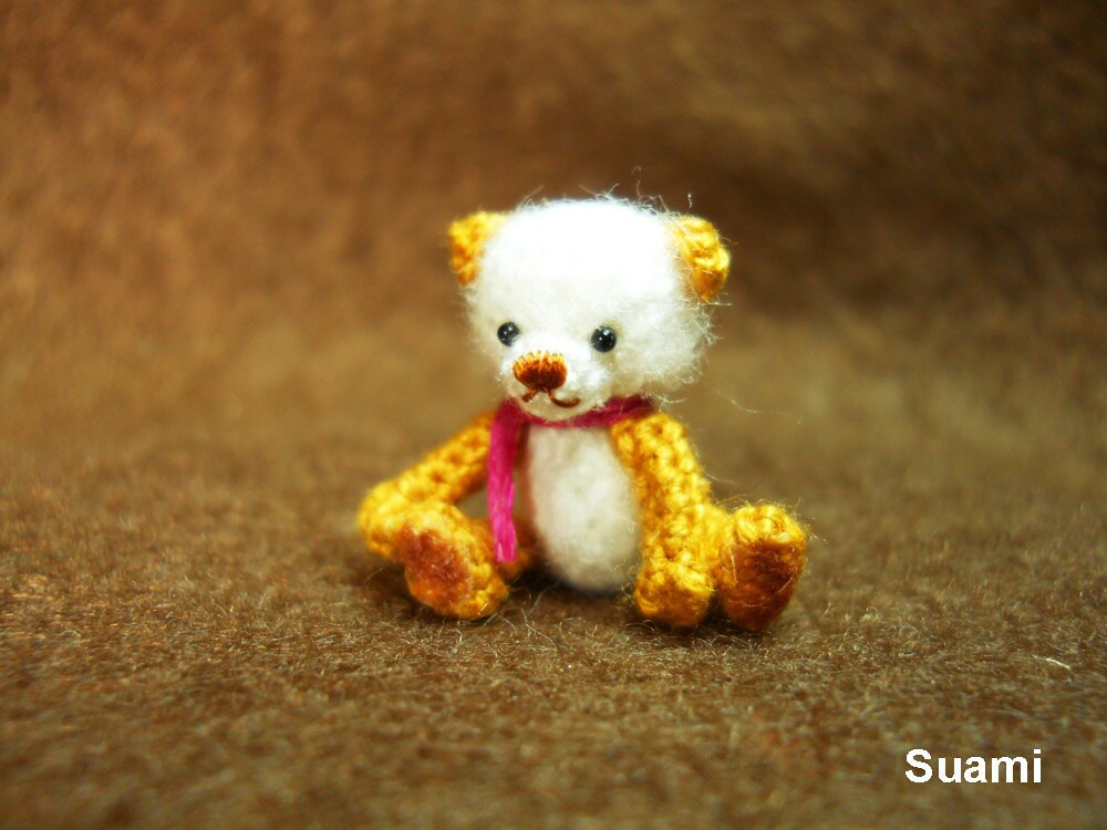 Cute Mohair Teddy Bear - Micro Crocheted Teddy 0.8 Inch Pink Scarf - Made To Order