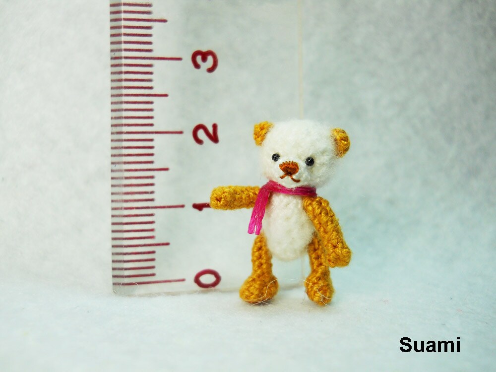 Cute Mohair Teddy Bear - Micro Crocheted Teddy 0.8 Inch Pink Scarf - Made To Order