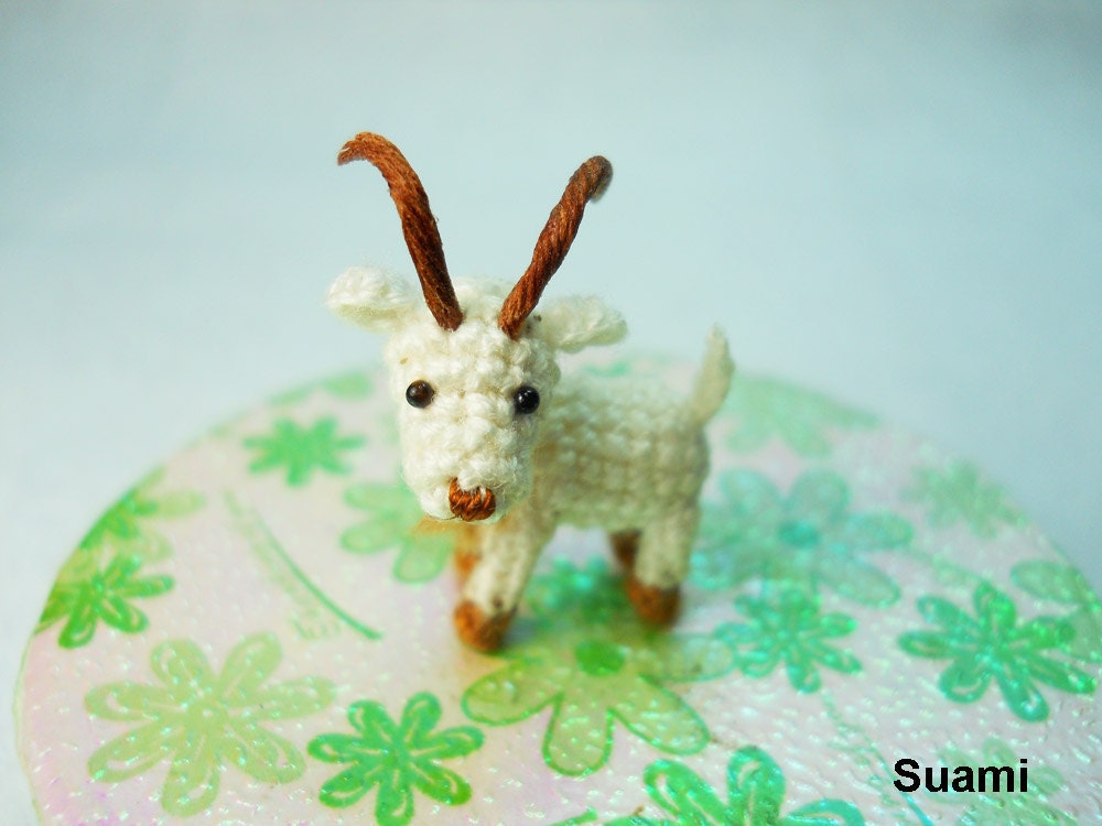 Mini Miniature White Goat - Amigurumi Crochet Tiny Doll Miniature Animals - Made To Order