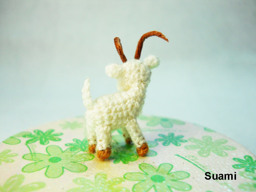 Mini Miniature White Goat - Amigurumi Crochet Tiny Doll Miniature Animals - Made To Order
