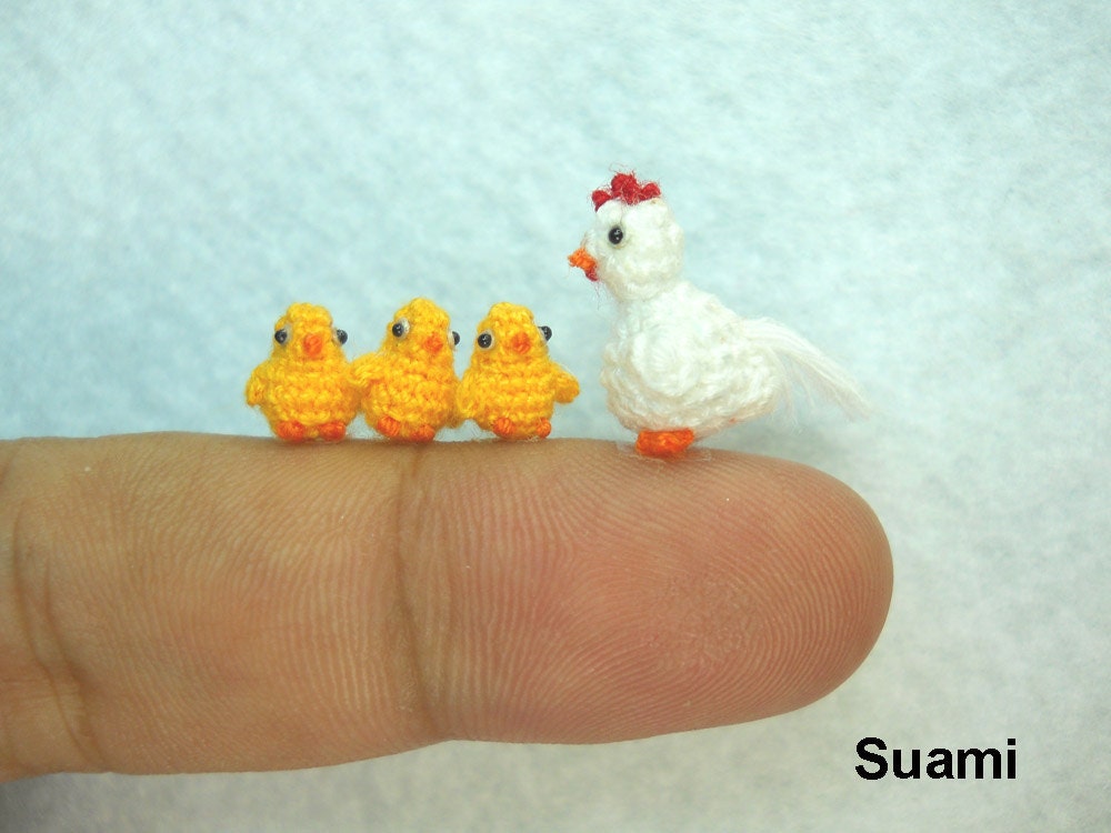 White Hen And Yellow Chicks - Micro Crochet Amigurumi Chickens - Set of Four Chickens - Made To Order
