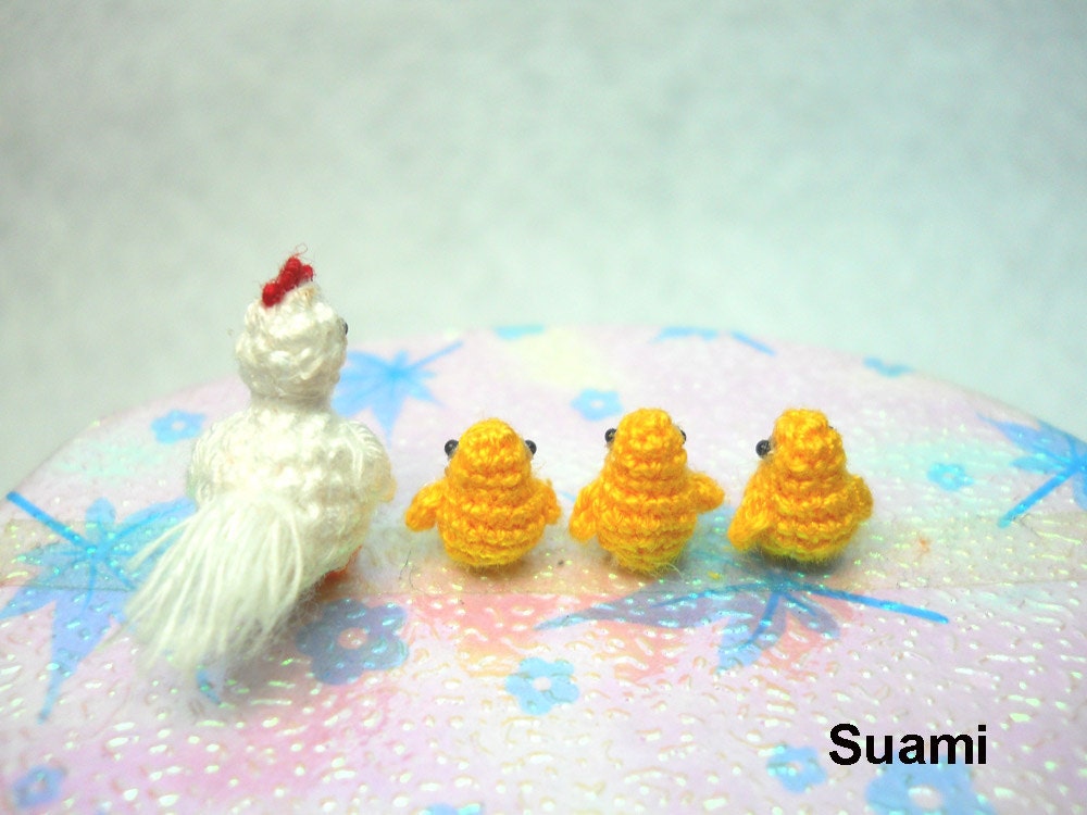 White Hen And Yellow Chicks - Micro Crochet Amigurumi Chickens - Set of Four Chickens - Made To Order
