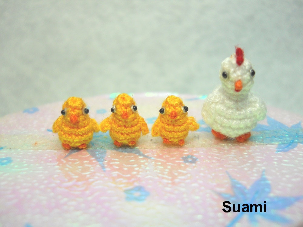 White Hen And Yellow Chicks - Micro Crochet Amigurumi Chickens - Set of Four Chickens - Made To Order