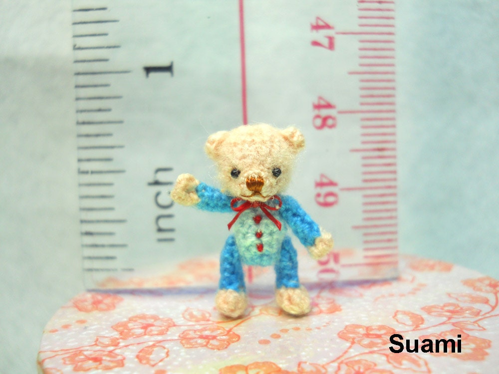 Cute Creme Bear Blue Dress Pink Bow - Micro Miniature Crocheted Teddy Bears - Made To Order