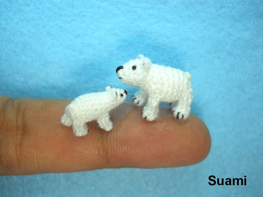 Micro Polar Bears  - Tiny Crochet Miniature White Bear - Set of Two Arctic Polar Bears - Made To Order