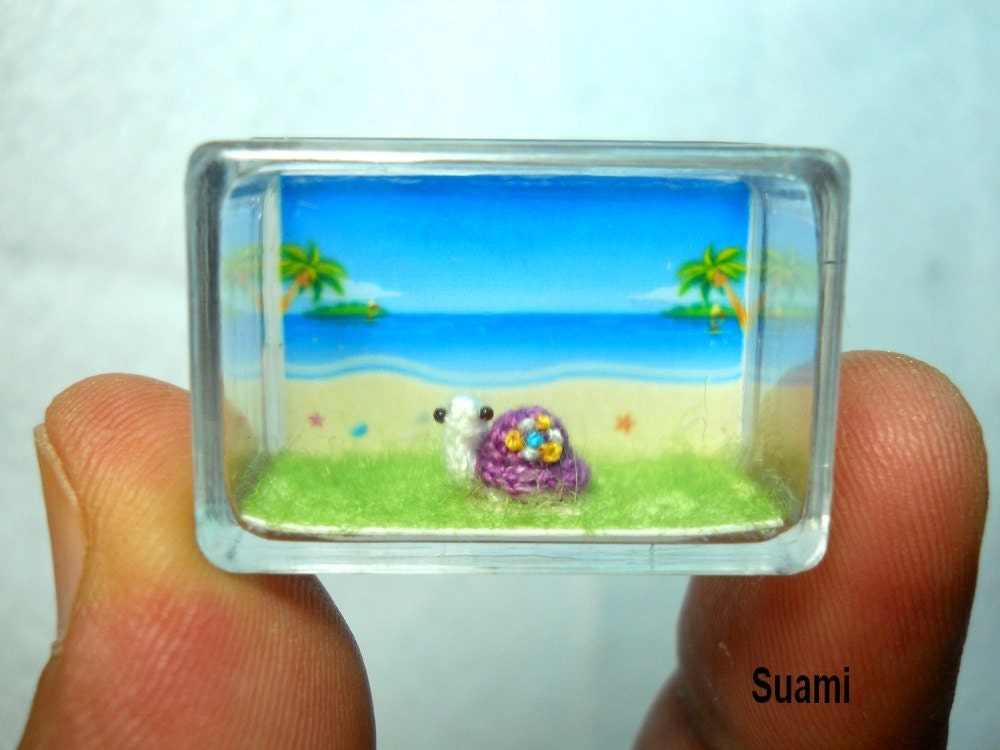 Tiny Flowery Turtle - Micro Miniature Crochet Tortoise - Purple Turtle - Made To Order