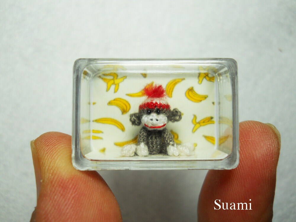 Tiniest Sock Monkey - Micro Amigurumi Crochet Miniature Sock Monkey Stuff Animal - Made to Order