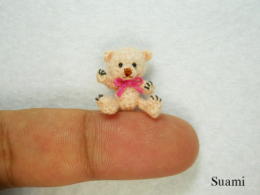 Miniature Creme Mohair Bear - Micro Crocheted  Bears 0.8 Inch Scale with Pink Bow - Made To Order