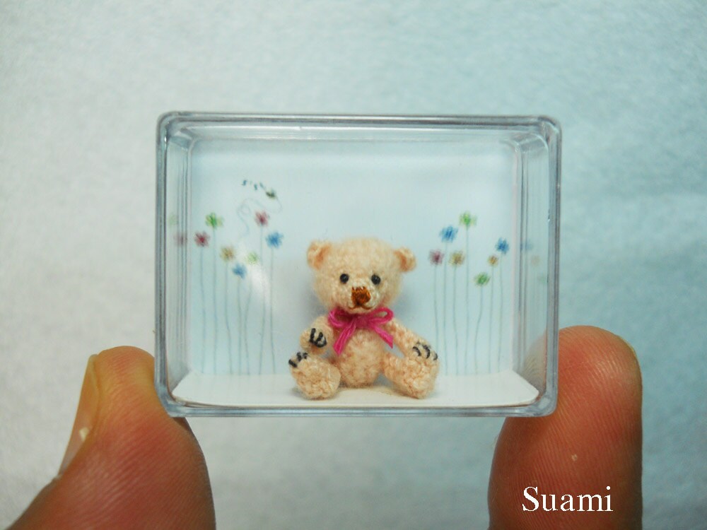 Miniature Creme Mohair Bear - Micro Crocheted Bears 0.8 Inch Scale with Pink Bow - Made To Order