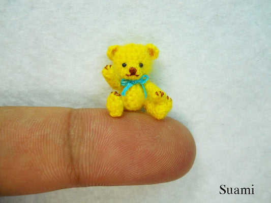 Miniature Mohair Bear 0.8 inch - Tiny Amigurumi Crochet Yellow Teddy Bear Blue Bow - Made To Order