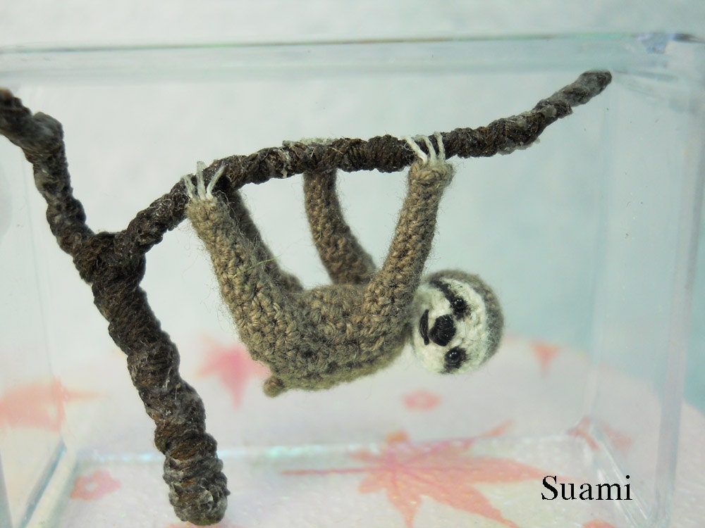Miniature Grey Sloth - Micro Crochet Dollhouse Amigurumi Animals - Made To Order