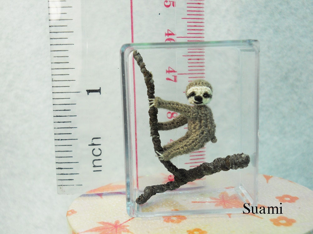 Miniature Grey Sloth - Micro Crochet Dollhouse Amigurumi Animals - Made To Order