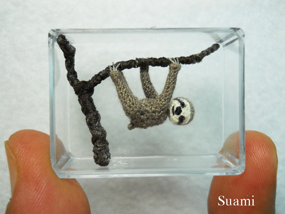 Miniature Grey Sloth - Micro Crochet Dollhouse Amigurumi Animals - Made To Order
