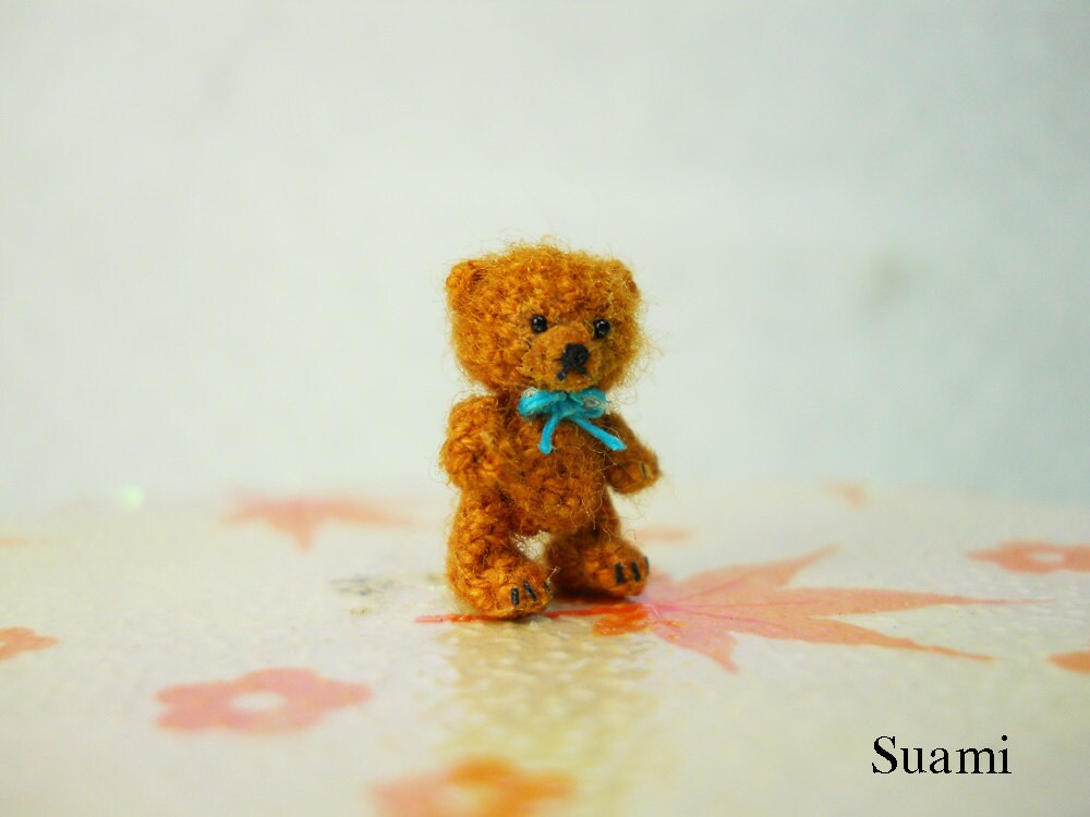 Micro Mohair Bear 0.4 Inch - Tiny Crochet Miniature Teddy Bear Blue Bow - Made To Order