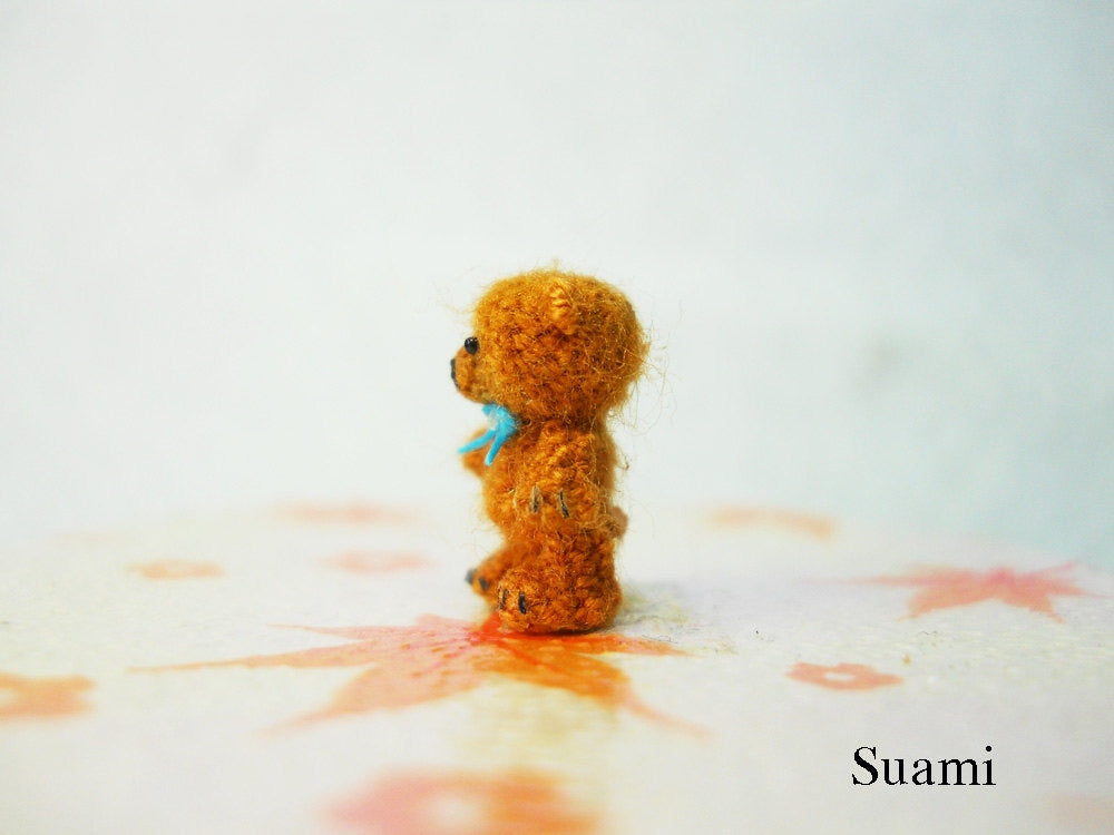 Micro Mohair Bear 0.4 Inch - Tiny Crochet Miniature Teddy Bear Blue Bow - Made To Order