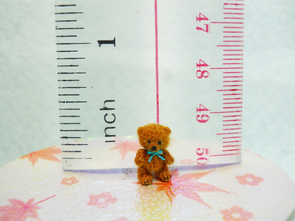 Micro Mohair Bear 0.4 Inch - Tiny Crochet Miniature Teddy Bear Blue Bow - Made To Order