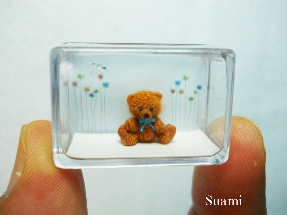 Micro Mohair Bear 0.4 Inch - Tiny Crochet Miniature Teddy Bear Blue Bow - Made To Order