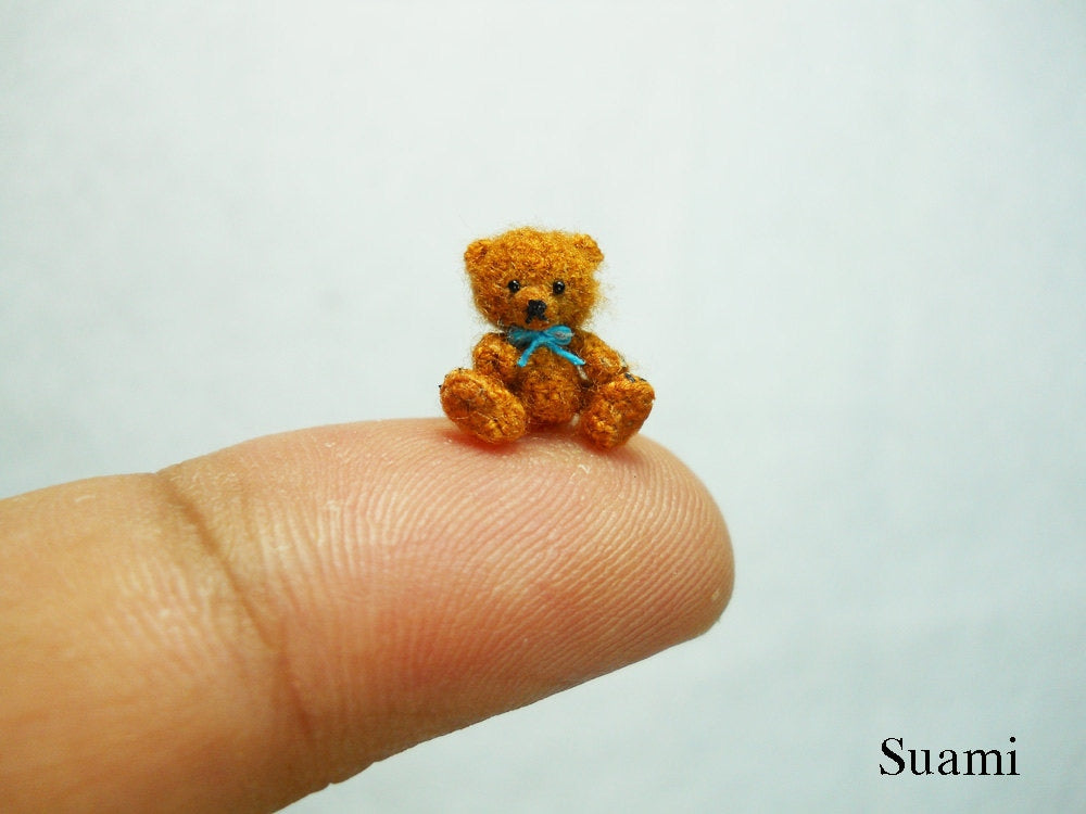 Micro Mohair Bear 0.4 Inch - Tiny Crochet Miniature Teddy Bear Blue Bow - Made To Order