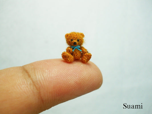 Micro Mohair Bear 0.4 Inch - Tiny Crochet Miniature Teddy Bear Blue Bow - Made To Order