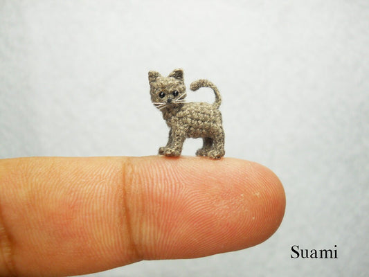 Micro Miniature Grey Cat Kitten - Mini Tiny Crochet Cat Amigurumi Animal Doll - Made to Order