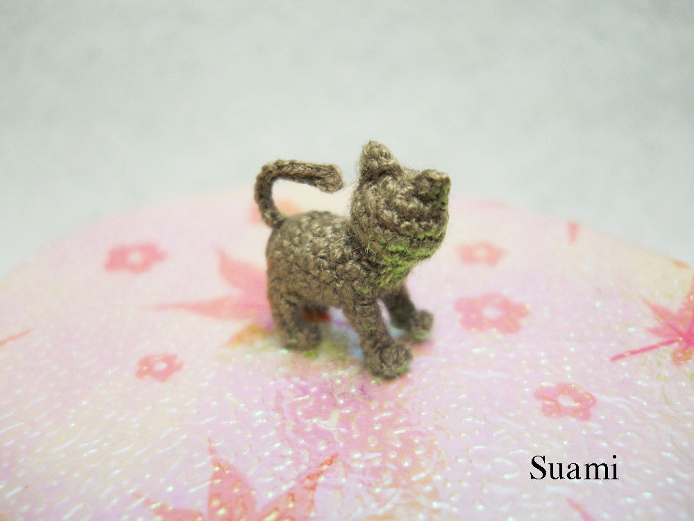 Micro Miniature Grey Cat Kitten - Mini Tiny Crochet Cat Amigurumi Animal Doll - Made to Order