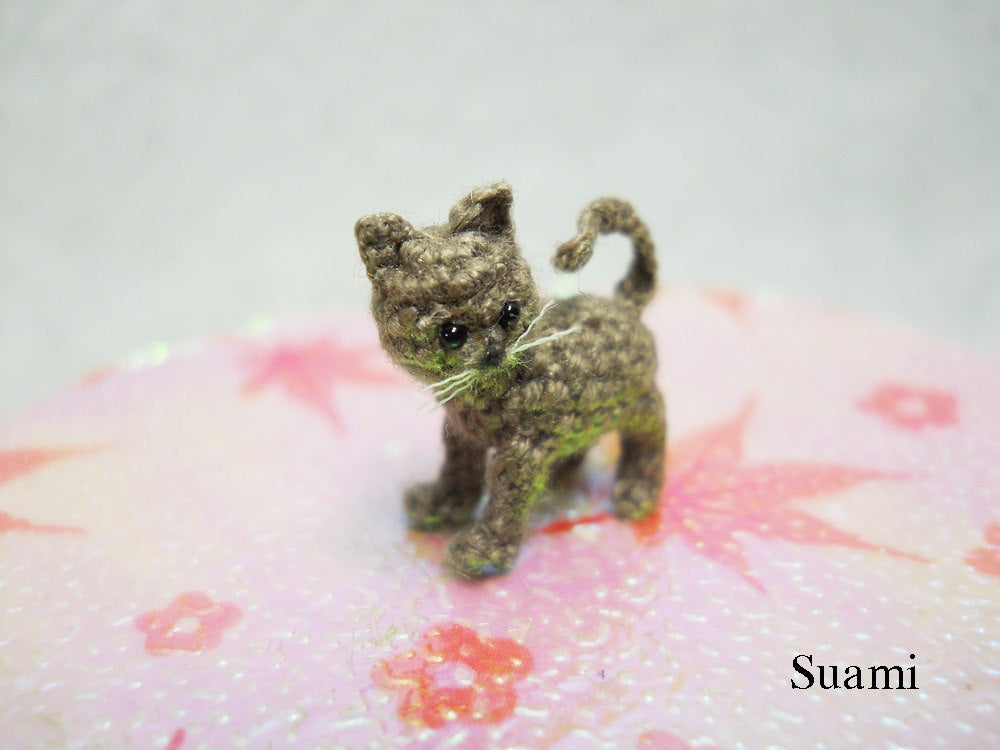 Micro Miniature Grey Cat Kitten - Mini Tiny Crochet Cat Amigurumi Animal Doll - Made to Order