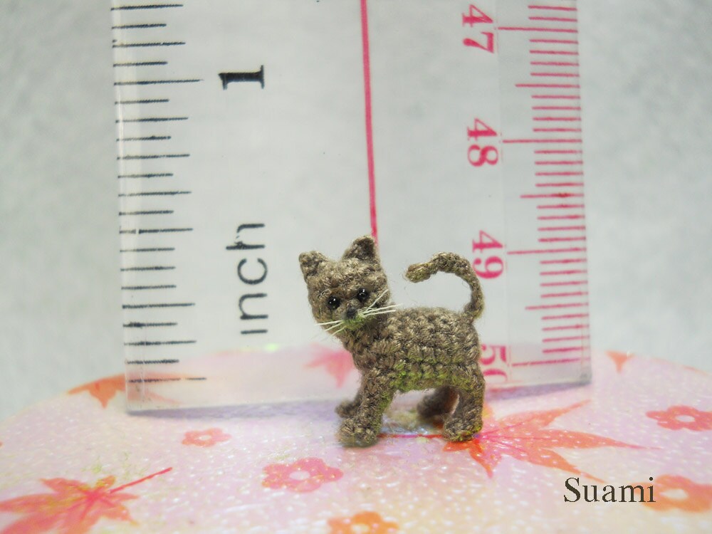 Micro Miniature Grey Cat Kitten - Mini Tiny Crochet Cat Amigurumi Animal Doll - Made to Order