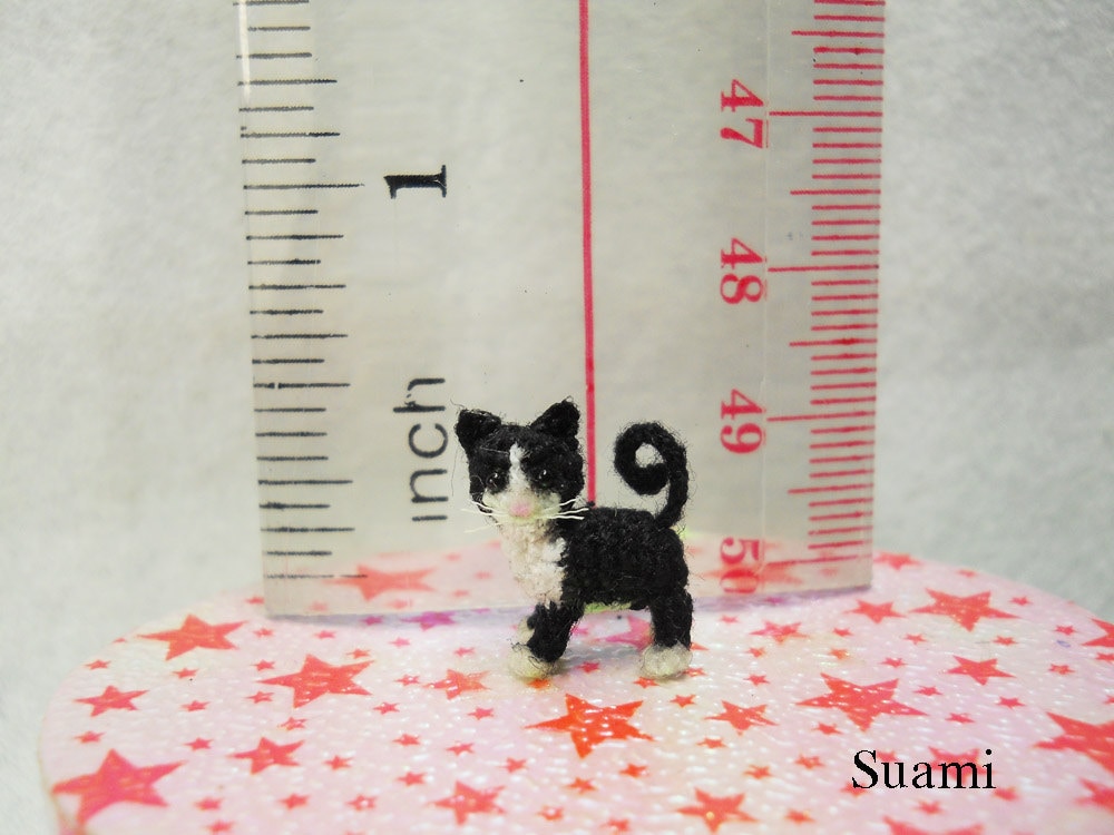 0.5 Inch Tuxedo Cat Kitten -  Micro Amigurumi White Black Cat Stuffed Animal - Made to Order