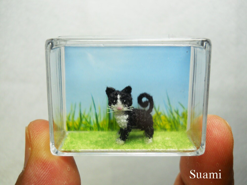 0.5 Inch Tuxedo Cat Kitten - Micro Amigurumi White Black Cat Stuffed Animal - Made to Order
