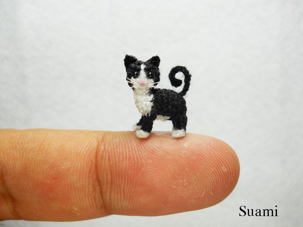 0.5 Inch Tuxedo Cat Kitten - Micro Amigurumi White Black Cat Stuffed Animal - Made to Order