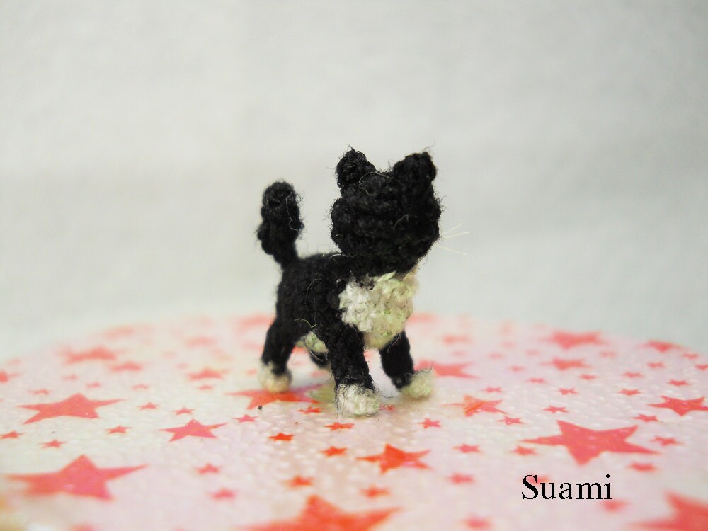 0.5 Inch Tuxedo Cat Kitten -  Micro Amigurumi White Black Cat Stuffed Animal - Made to Order