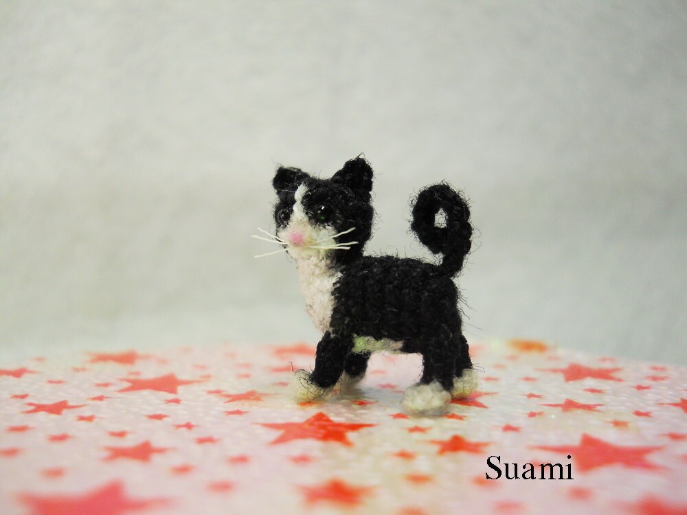 0.5 Inch Tuxedo Cat Kitten - Micro Amigurumi White Black Cat Stuffed Animal - Made to Order