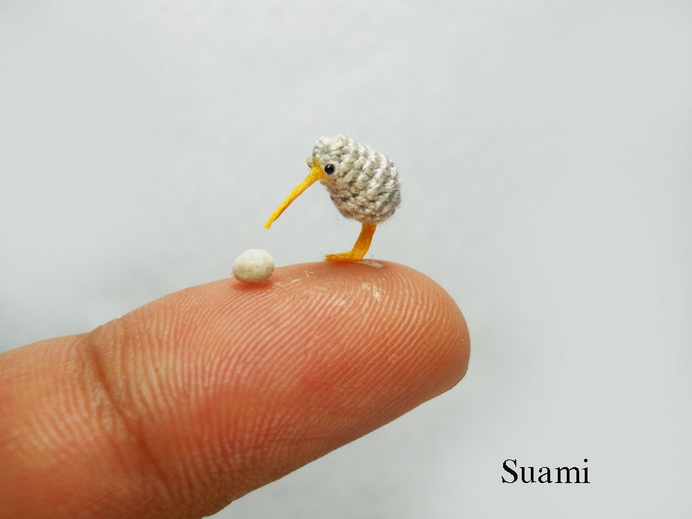Micro Grey Kiwi With Egg - Tiny Crochet Miniature Kiwi Bird - Made To Order