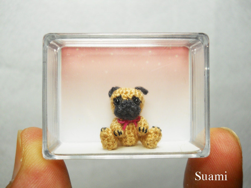 Micro Fawn Pug Dog Pink Bow - Tiny Dollhouse Miniature Pet - Made To Order