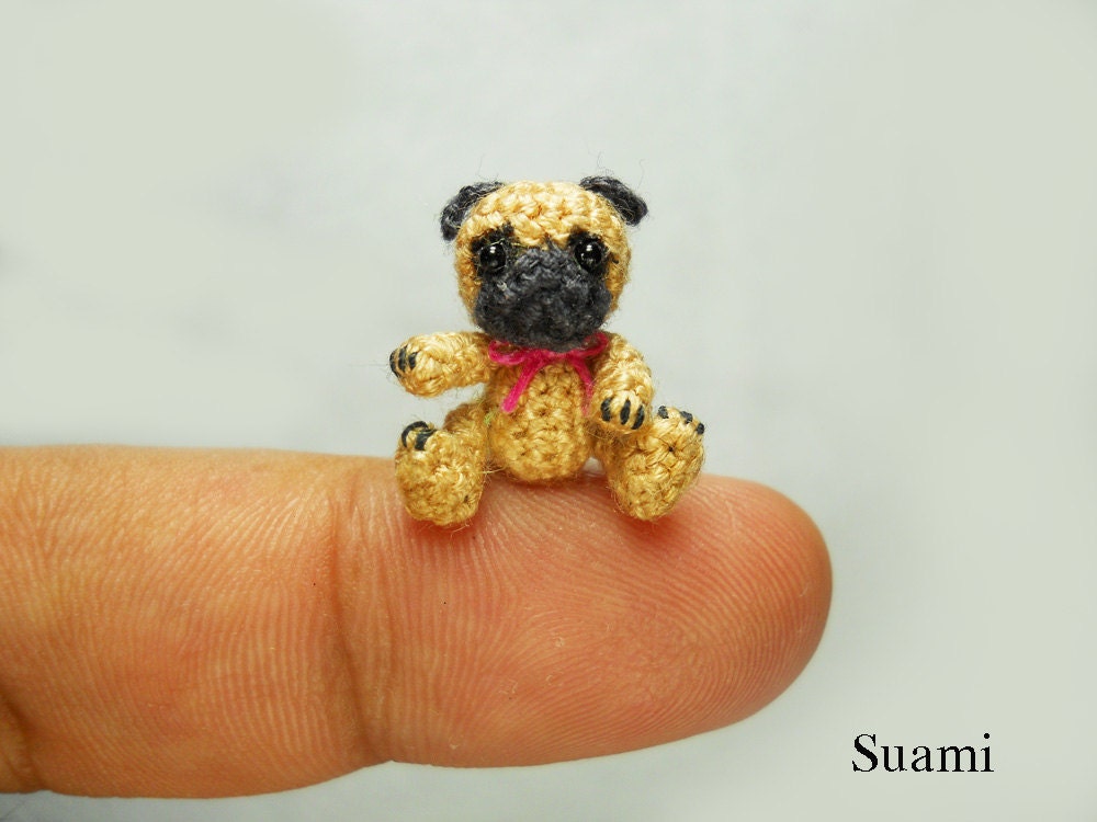 Micro Fawn Pug Dog Pink Bow - Tiny Dollhouse Miniature Pet - Made To Order