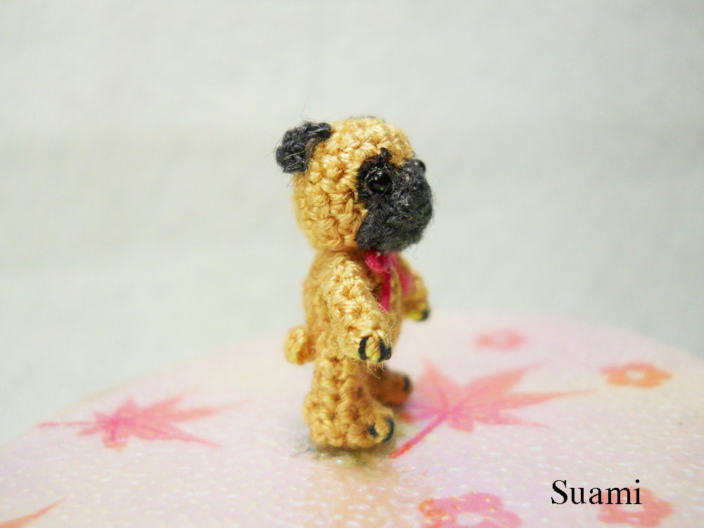 Micro Fawn Pug Dog Pink Bow - Tiny Dollhouse Miniature Pet - Made To Order