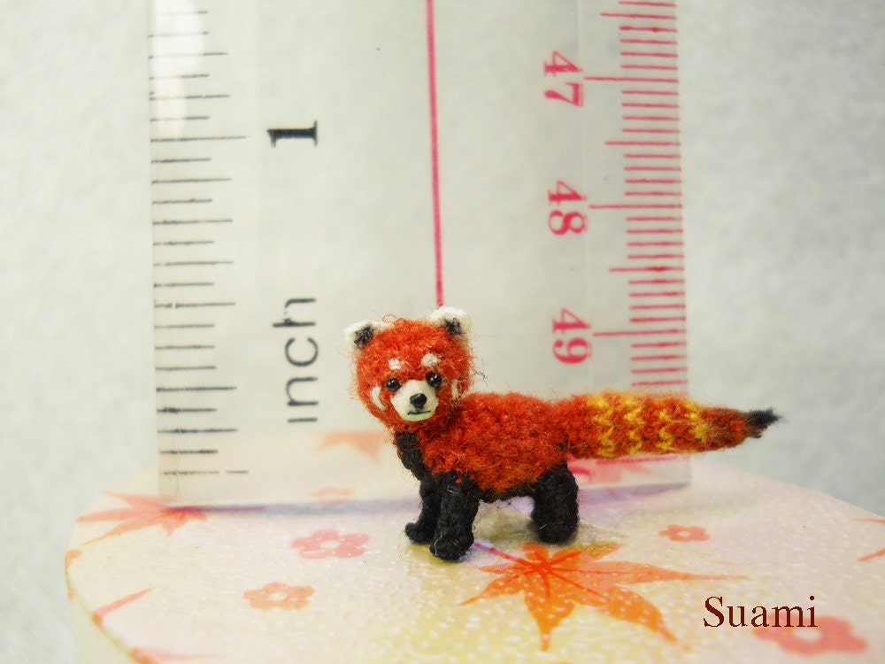 Miniature Red Panda Shining Cat - Micro Mini Amigurumi Crochet Art Tiny Doll Animal - Made To Order
