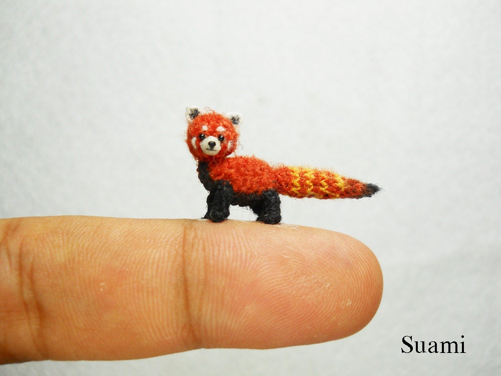 Miniature Red Panda Shining Cat - Micro Mini Amigurumi Crochet Art Tiny Doll Animal - Made To Order