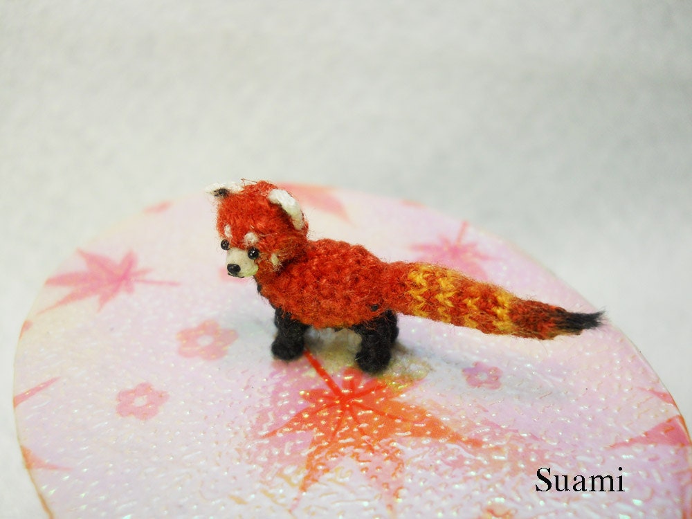 Miniature Red Panda Shining Cat - Micro Mini Amigurumi Crochet Art Tiny Doll Animal - Made To Order