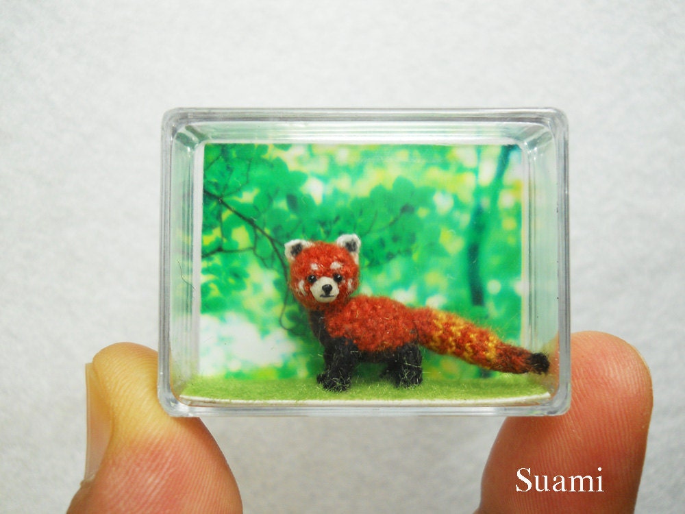 Miniature Red Panda Shining Cat - Micro Mini Amigurumi Crochet Art Tiny Doll Animal - Made To Order