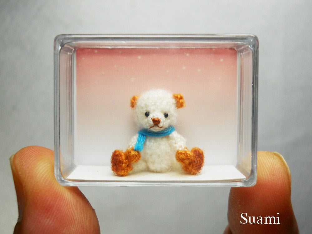 Cute Teddy Mohair Bear - Tiny Crocheted Bears 0.8 Inch Scale Blue Scarf - Made To Order