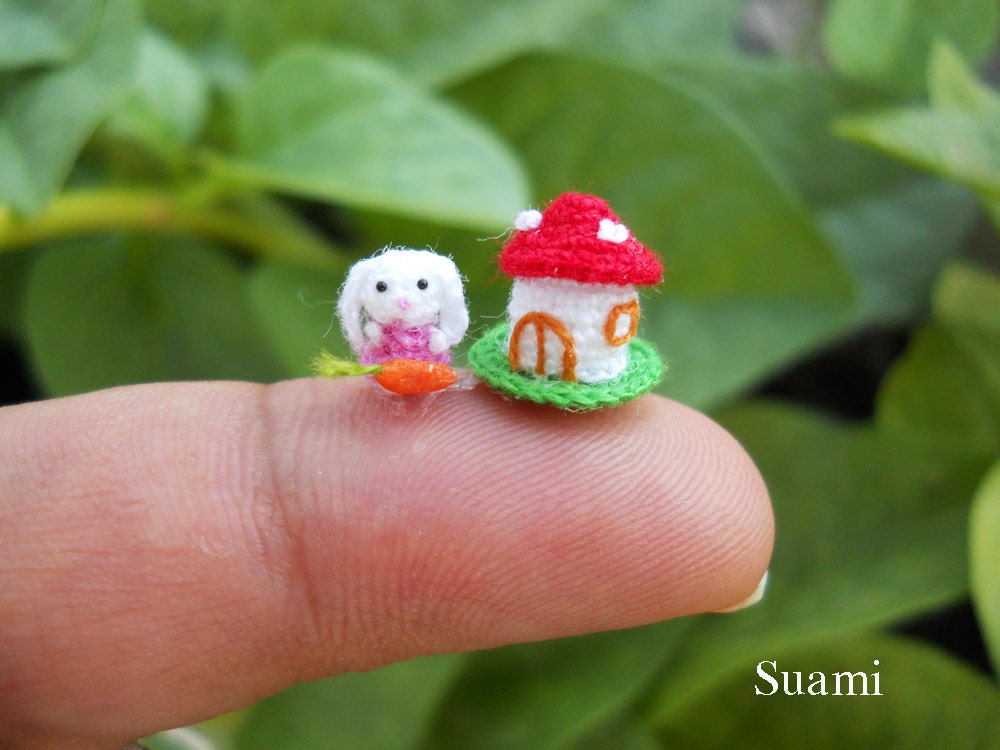 1/5 inch Extreme Micro Bunny Rabbit - Teeny Tiny Miniature Crochet Bunny Rabbit Amigurumi With Carrot and Mushroom House - Made To Order