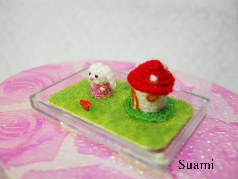 1/5 inch Extreme Micro Bunny Rabbit - Teeny Tiny Miniature Crochet Bunny Rabbit Amigurumi With Carrot and Mushroom House - Made To Order