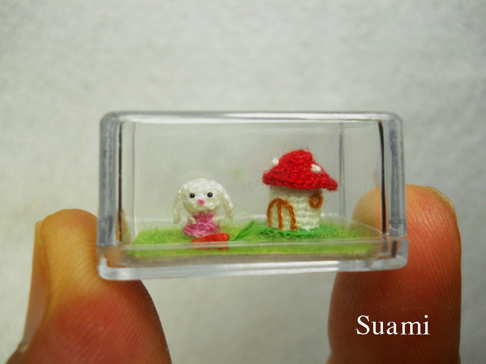 1/5 inch Extreme Micro Bunny Rabbit - Teeny Tiny Miniature Crochet Bunny Rabbit Amigurumi With Carrot and Mushroom House - Made To Order