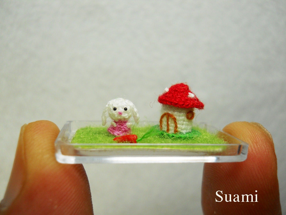 1/5 inch Extreme Micro Bunny Rabbit - Teeny Tiny Miniature Crochet Bunny Rabbit Amigurumi With Carrot and Mushroom House - Made To Order